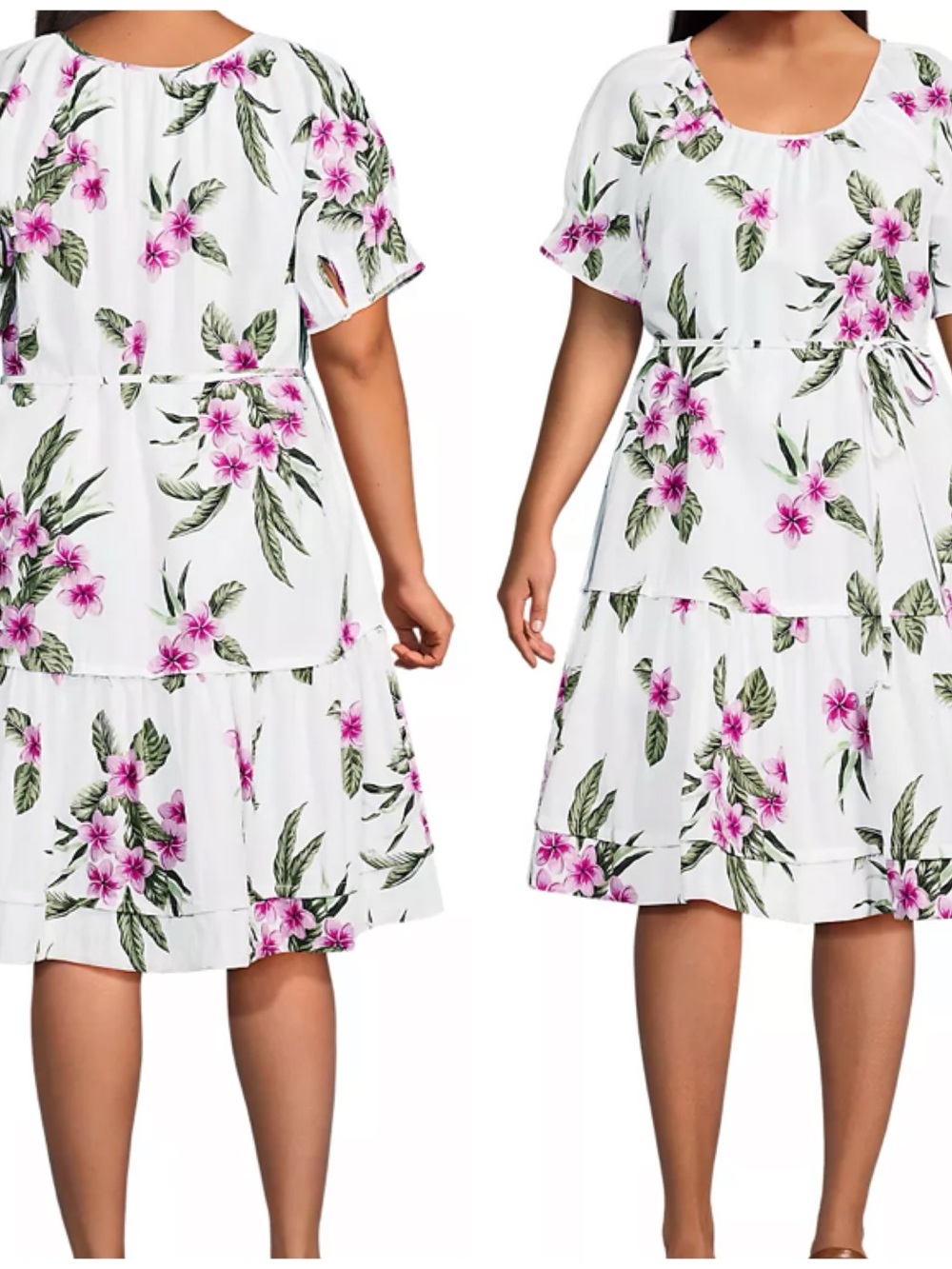 Lands end White Floral Tie-Waist Midi Dress - Pink & Green Print - Picture 3 of 5